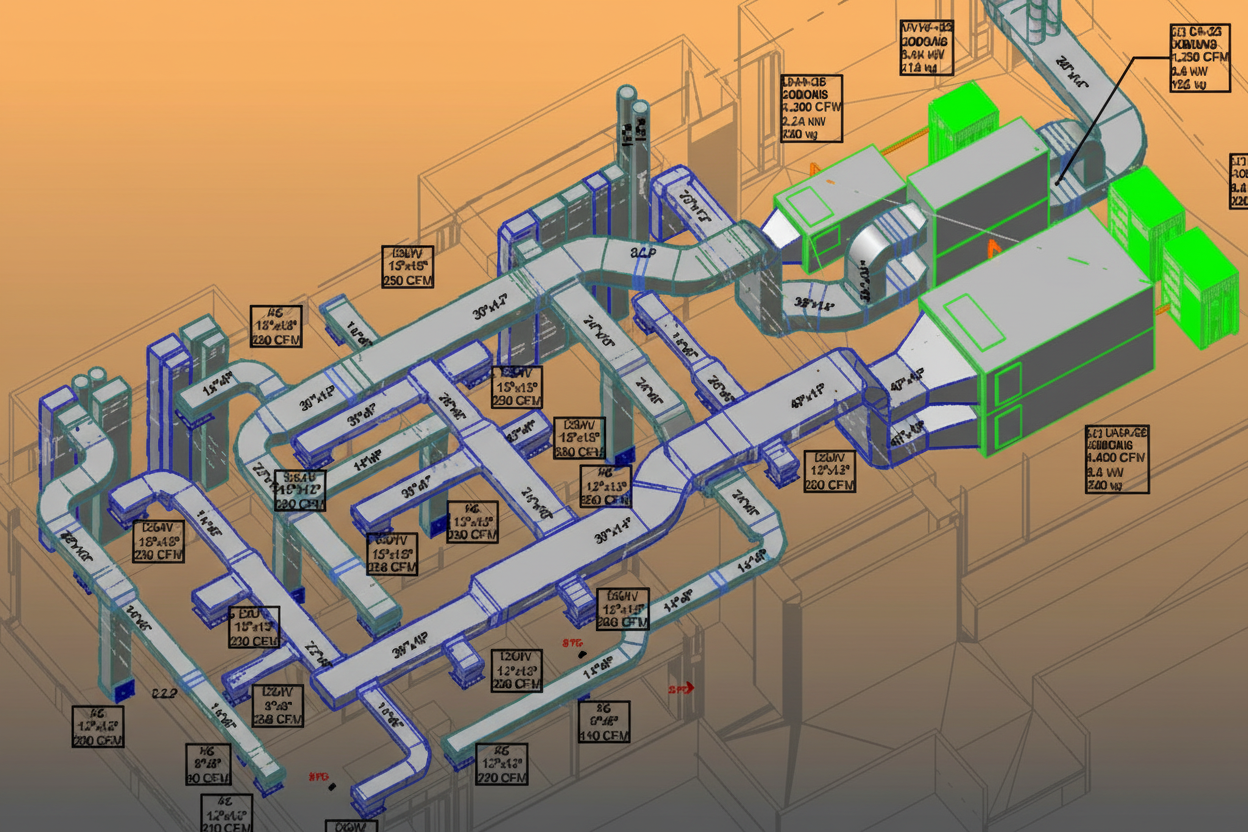 Modelo BIM de redes de ductería HVAC - proyecto real